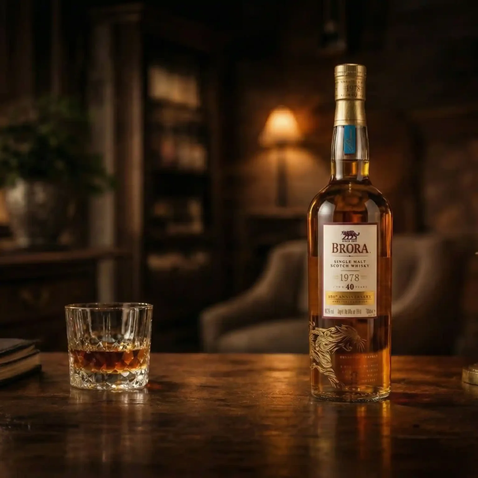 Brora 1978 40 Year Old single malt Scotch whisky bottle with crystal tumbler glass on wooden table in warm luxury whisky lounge setting.