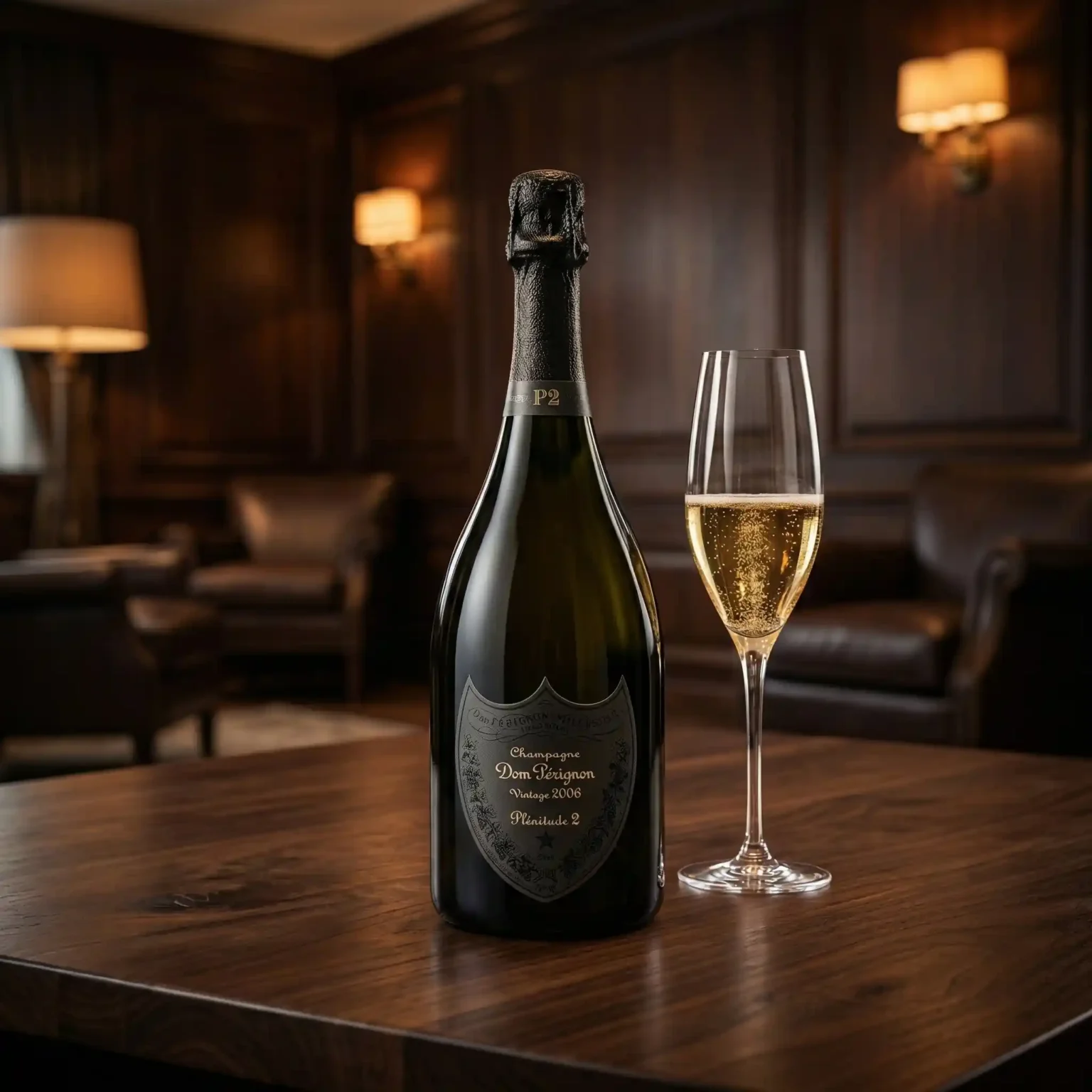 Dom Pérignon P2 2006 champagne bottle with matching flute filled with champagne, presented on walnut table in warm luxury lounge.