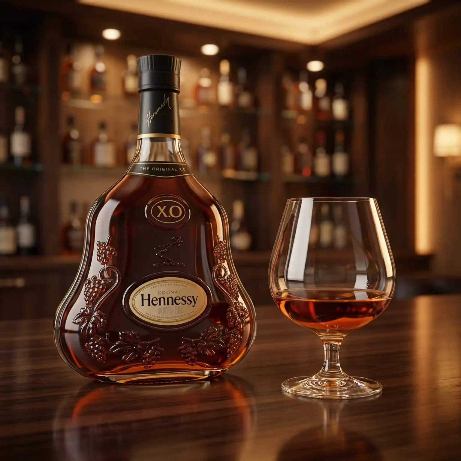 Hennessy XO cognac bottle with matching snifter glass on wooden table, warm amber lighting and luxury bar background.