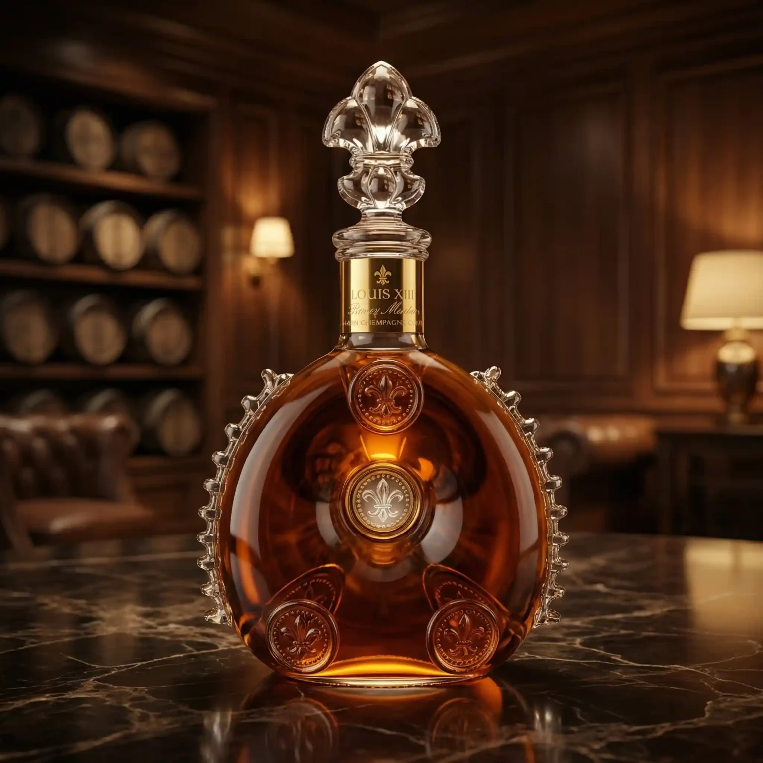 Louis XIII Rémy Martin cognac bottle with crystal stopper on marble table, warm golden lighting in exclusive tasting room.