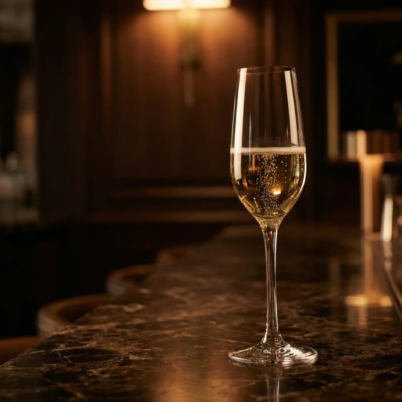 Elegant champagne flute half filled with golden champagne and fine bubbles, placed on marble table in warm amber-lit luxury lounge setting.