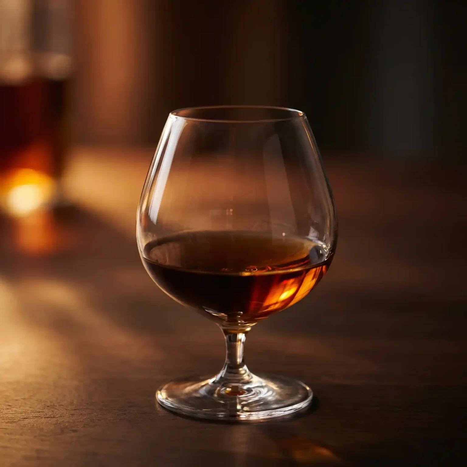 Crystal cognac snifter filled with amber-colored cognac in warm atmospheric lighting on wooden table in luxury lounge.