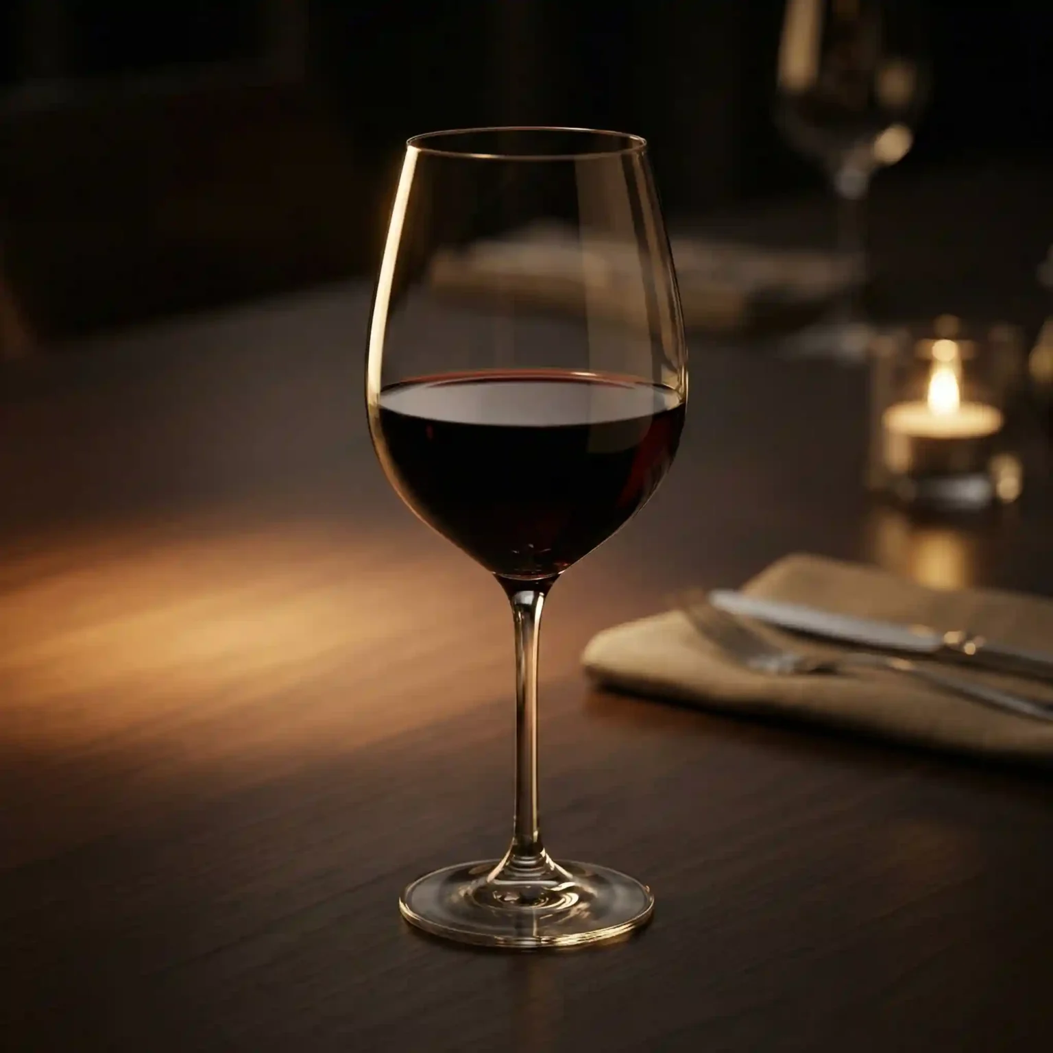 Red wine glass filled with deep red wine on wooden table with subtle candlelight in luxury restaurant ambiance.