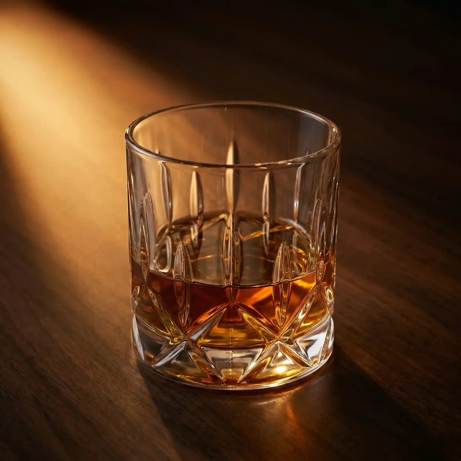 Crystal whisky tumbler filled with amber whisky on wooden table in warm atmospheric lighting of a luxury whisky lounge.