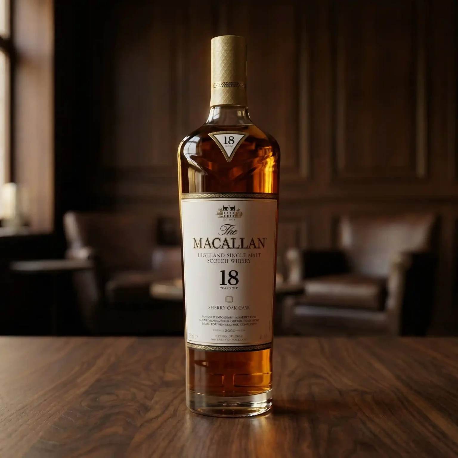 The Macallan 18 Years Old Sherry Oak single malt whisky bottle standing on walnut wooden table with warm amber lighting in exclusive lounge.