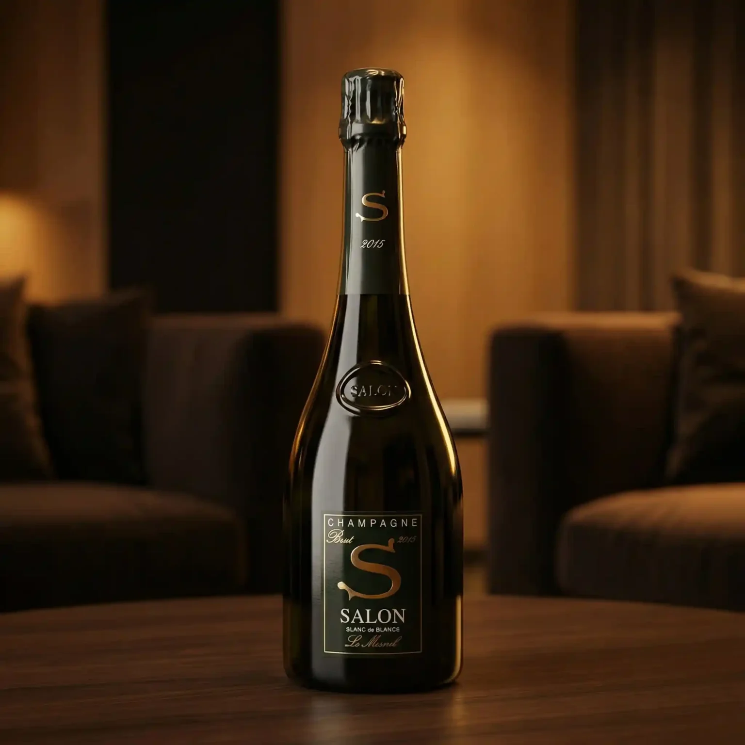 Salon 2015 Blanc de Blancs champagne bottle standing on wooden table with warm golden lighting in an exclusive lounge environment.